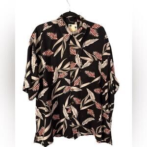 Banana Cabana‎ Tropical Leaves 100% Silk Button Down Short Sleeve Top Size XXL